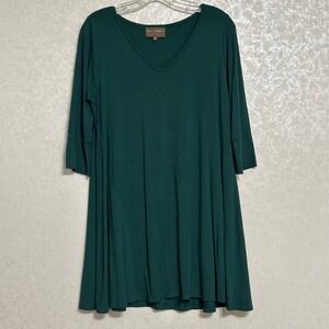 Bel Kazan‎ Solid Green Tunic Dress V Neck 3/4 Sleeve A-Line Knee Length Sz M